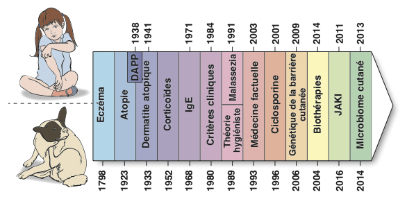 Histoires parallèles de la dermatite atopique de l'Homme et du chien (Prélaud, P. (2017). Dermatite atopique canine. Paris, Masson-Elsevier)